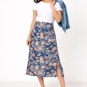 LOFT Floral Print Midi Satin Skirt Size XS